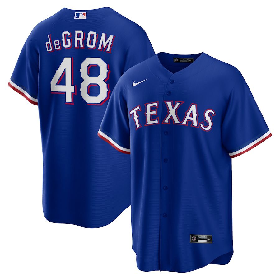 Men Texas Rangers 48 Jacob deGrom Nike Royal Away Replica Player MLB Jersey